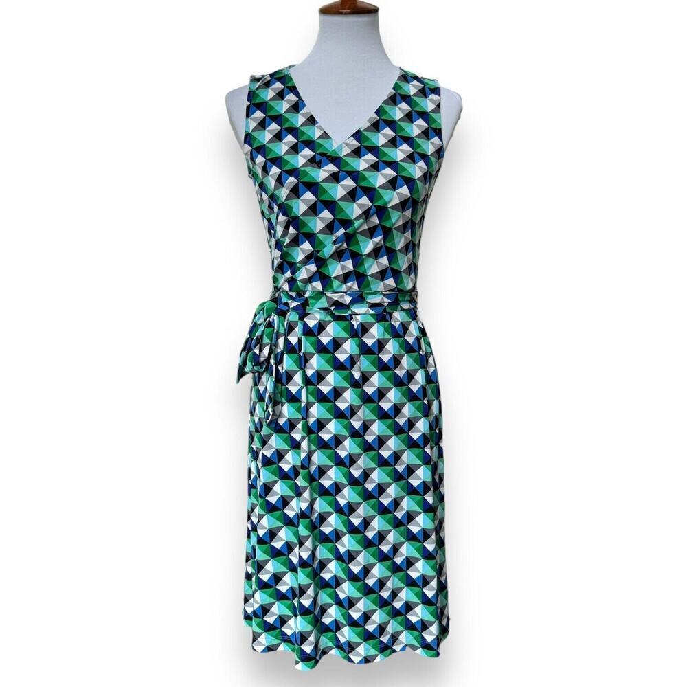 Donna Morgan Womens Wrap Dress Blue Green Geometric Stretch Sleeveless Tie 4